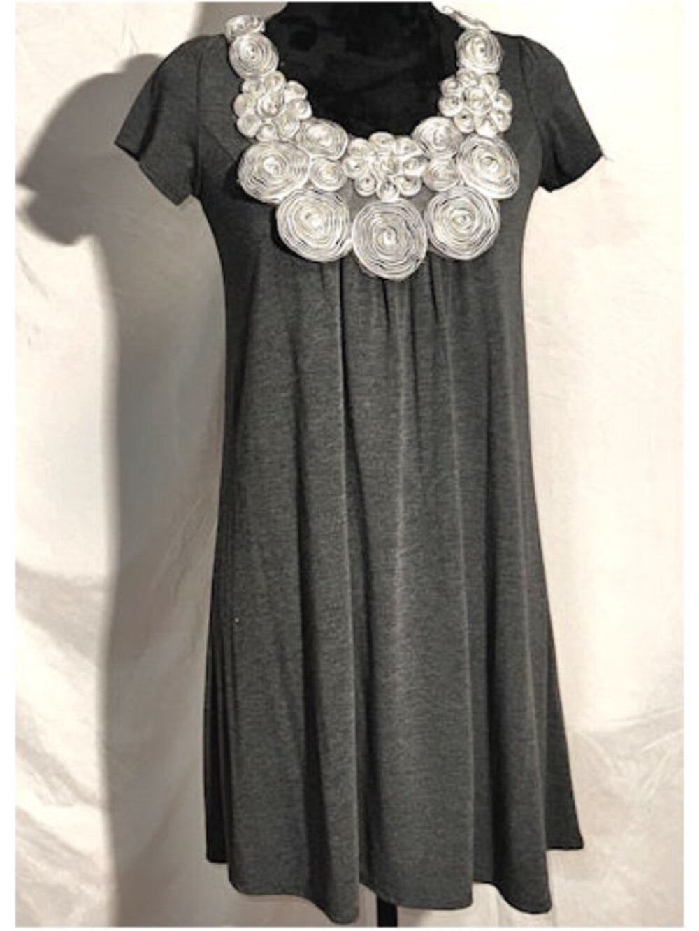 Pink Rose A-line Dress, Gray, 3D Flowers on Bodice, Small